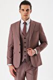 Koyu Vizon Desenli Kırlangıç Yaka Yelekli 6 Drop Slim Fit Dar Kesim Klasik Takım Elbise 1001240157