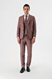 Koyu Vizon Desenli Kırlangıç Yaka Yelekli 6 Drop Slim Fit Dar Kesim Klasik Takım Elbise 1001240157