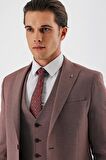 Koyu Vizon Desenli Kırlangıç Yaka Yelekli 6 Drop Slim Fit Dar Kesim Klasik Takım Elbise 1001240157