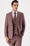 Koyu Vizon Desenli Kırlangıç Yaka Yelekli 6 Drop Slim Fit Dar Kesim Klasik Takım Elbise 1001240157