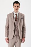 Bej Desenli Kırlangıç Yaka Yelekli 6 Drop Slim Fit Dar Kesim Klasik Takım Elbise 1001240157