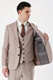 Bej Desenli Kırlangıç Yaka Yelekli 6 Drop Slim Fit Dar Kesim Klasik Takım Elbise 1001240157