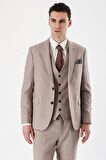 Bej Desenli Kırlangıç Yaka Yelekli 6 Drop Slim Fit Dar Kesim Klasik Takım Elbise 1001240157