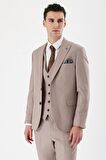 Bej Desenli Kırlangıç Yaka Yelekli 6 Drop Slim Fit Dar Kesim Klasik Takım Elbise 1001240157