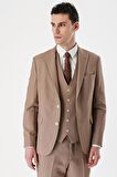 Camel Desenli Kırlangıç Yaka Yelekli 6 Drop Slim Fit Dar Kesim Klasik Takım Elbise 1001240157