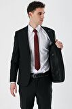 Siyah Kırlangıç Yaka Yünlü Likralı 6 Drop Slim Fit Dar Kesim Klasik Takım Elbise 1001240158