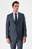 Koyu Lacivert Ekoseli Mono Yaka Likralı 6 Drop Comfort Fit Rahat Kesim Klasik Takım Elbise 1001240165