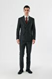 Koyu Antrasit Kırlangıç Yaka Kruvaze Likralı 6 Drop Slim Fit Dar Kesim Klasik Takım Elbise 1001240166
