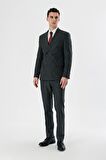Koyu Antrasit Kırlangıç Yaka Kruvaze Likralı 6 Drop Slim Fit Dar Kesim Klasik Takım Elbise 1001240166