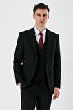 Siyah Kırlangıç Yaka Yelekli Likralı 6 Drop Slim Fit Dar Kesim Klasik Takım Elbise 1001240167