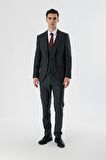 Koyu Antrasit Kırlangıç Yaka Yelekli Likralı 6 Drop Slim Fit Dar Kesim Klasik Takım Elbise 1001240167