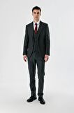 Koyu Antrasit Kırlangıç Yaka Yelekli Likralı 6 Drop Slim Fit Dar Kesim Klasik Takım Elbise 1001240167