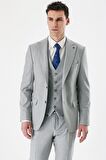 Gri Kırlangıç Yaka Yelekli Likralı 6 Drop Slim Fit Dar Kesim Klasik Takım Elbise 1001240167