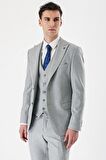 Gri Kırlangıç Yaka Yelekli Likralı 6 Drop Slim Fit Dar Kesim Klasik Takım Elbise 1001240167