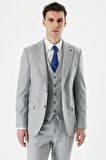 Gri Kırlangıç Yaka Yelekli Likralı 6 Drop Slim Fit Dar Kesim Klasik Takım Elbise 1001240167