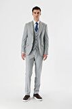 Gri Kırlangıç Yaka Yelekli Likralı 6 Drop Slim Fit Dar Kesim Klasik Takım Elbise 1001240167