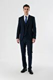 Koyu Lacivert Kırlangıç Yaka Yelekli Likralı 6 Drop Slim Fit Dar Kesim Klasik Takım Elbise 1001240167