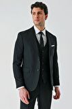 Siyah Kırlangıç Yaka Yelekli Likralı 6 Drop Slim Fit Klasik Takım Elbise 1001240168