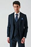 Koyu Lacivert Kırlangıç Yaka Yelekli Likralı 6 Drop Slim Fit Klasik Takım Elbise 1001240168
