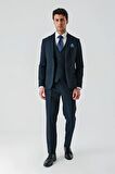 Koyu Lacivert Kırlangıç Yaka Yelekli Likralı 6 Drop Slim Fit Klasik Takım Elbise 1001240168