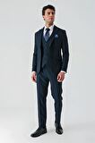 Koyu Lacivert Kırlangıç Yaka Yelekli Likralı 6 Drop Slim Fit Klasik Takım Elbise 1001240168