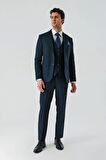 Koyu Lacivert Kırlangıç Yaka Yelekli Likralı 6 Drop Slim Fit Klasik Takım Elbise 1001240168