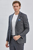 Koyu Lacivert Armürlü Mono Yaka Keten Karışımlı 6 Drop Slim Fit Dar Kesim Casual Takım Elbise 1001240169