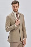Bej Armürlü Mono Yaka Keten Karışımlı 6 Drop Slim Fit Dar Kesim Casual Takım Elbise 1001240169