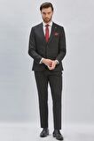 Siyah Düz Desen Kılıç Yaka 6 Drop Slim Fit Yelekli Takım Elbise 1001240173