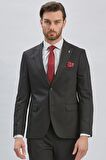 Siyah Düz Desen Kılıç Yaka 6 Drop Slim Fit Yelekli Takım Elbise 1001240173