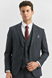 Koyu Lacivert Desenli Armürlü Mono Yaka Yelekli Likralı 6 Drop Slim Fit Takım Elbise 1001240180