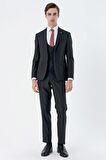 Siyah Mono Yaka Çift Yırtmaç Yelekli 6 Drop Slim Fit Dar Kesim Basic Takım Elbise 1001240186