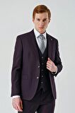 Mürdüm Gabardin Kırlangıç Yaka Yelekli 6 Drop Slim Fit Klasik Takım Elbise 1001240187