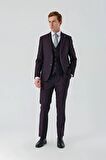 Mürdüm Gabardin Kırlangıç Yaka Yelekli 6 Drop Slim Fit Klasik Takım Elbise 1001240187