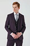 Mürdüm Gabardin Kırlangıç Yaka Yelekli 6 Drop Slim Fit Klasik Takım Elbise 1001240187