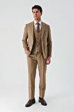 Tütün Gabardin Kırlangıç Yaka Yelekli Likralı 6 Drop Slim Fit Klasik Takım Elbise 1001240188