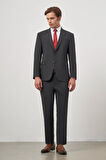 Siyah Kendinden Desenli Bez Ayağı Mono Yaka Tam Astar Tek Yırtmaç 2 Düğme 4 Drop Comfort Fit Classic Takım Elbise 1001240190