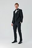 Siyah Çıkarılabilir Mono Yaka Yelekli Likralı 6 Drop Slim Fit Smokin Damatlık 1001240201