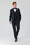 Siyah Çıkarılabilir Mono Yaka Yelekli Likralı 6 Drop Slim Fit Smokin Damatlık 1001240201