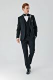Siyah Çıkarılabilir Mono Yaka Yelekli Likralı 6 Drop Slim Fit Smokin Damatlık 1001240201
