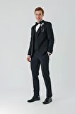 Siyah Çıkarılabilir Mono Yaka Yelekli Likralı 6 Drop Slim Fit Smokin Damatlık 1001240201