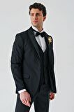 Siyah Çıkarılabilir Şal Yaka Yelekli Likralı 6 Drop Slim Fit Smokin Damatlık 1001240203