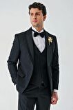 Siyah Çıkarılabilir Şal Yaka Yelekli Likralı 6 Drop Slim Fit Smokin Damatlık 1001240203