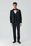 Siyah Çıkarılabilir Şal Yaka Yelekli Likralı 6 Drop Slim Fit Smokin Damatlık 1001240203