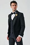 Siyah Çıkarılabilir Şal Yaka Yelekli Likralı 6 Drop Slim Fit Smokin Damatlık 1001240203
