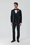 Siyah Çıkarılabilir Şal Yaka Yelekli Likralı 6 Drop Slim Fit Smokin Damatlık 1001240203