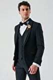Siyah Çıkarılabilir Şal Yaka Yelekli Likralı 6 Drop Slim Fit Smokin Damatlık 1001240203