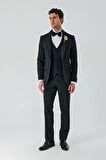 Siyah Çıkarılabilir Şal Yaka Yelekli Likralı 6 Drop Slim Fit Smokin Damatlık 1001240203
