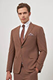 Taba Çizgili Mono Yaka Astarlı 6 Drop Slim Fit Dar Kesim Takım Elbise 1001245106