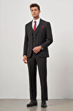 Siyah Düz Bez Ayağı Kılıç Yaka Tam Astar Çift Yırtmaç 2 Düğme Yelekli 6 Drop Slim Fit Classic Takım Elbise 1001245151